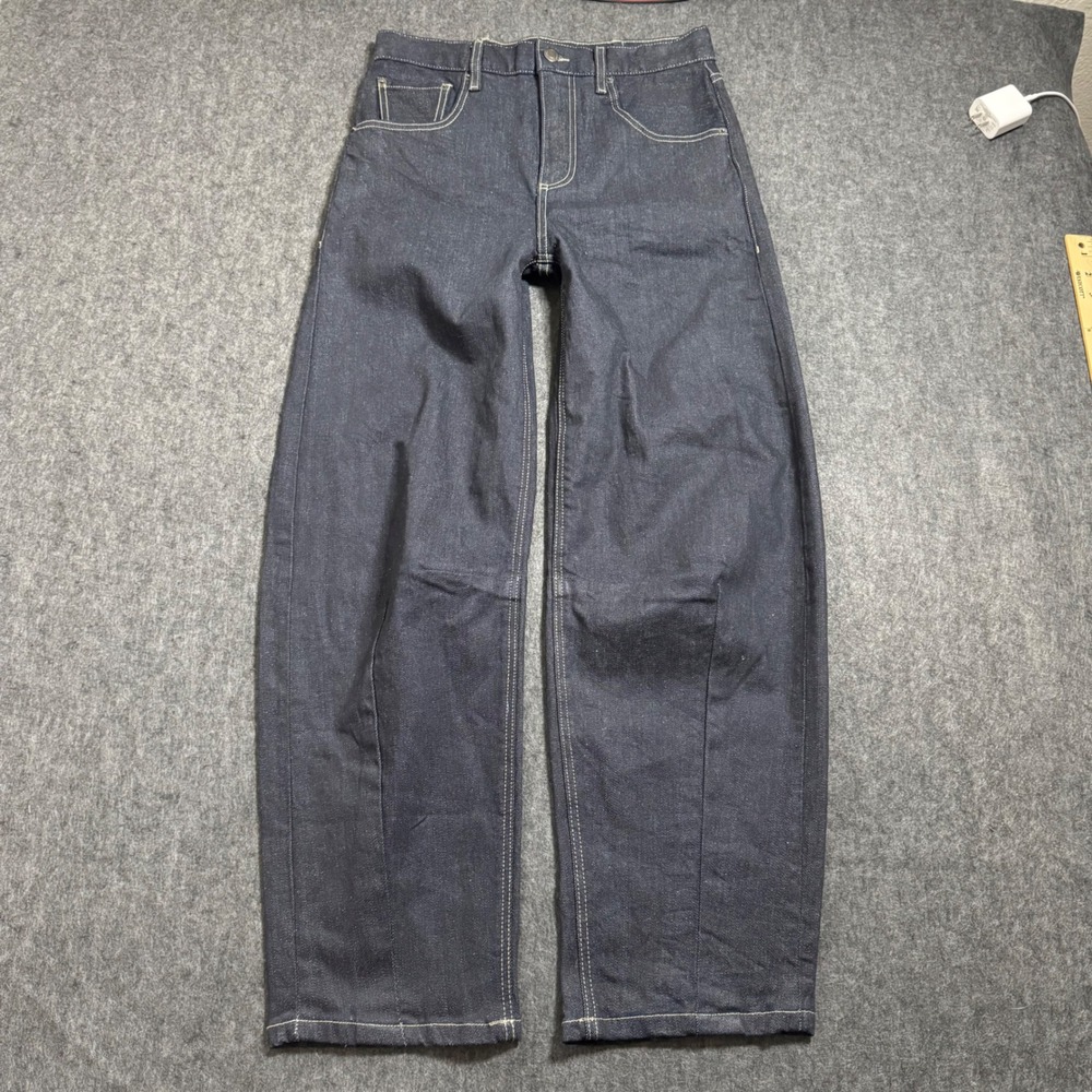 Zara Womens Barrel Leg Jeans Indigo Blue Contrast Stitch High Waist Size 4 26